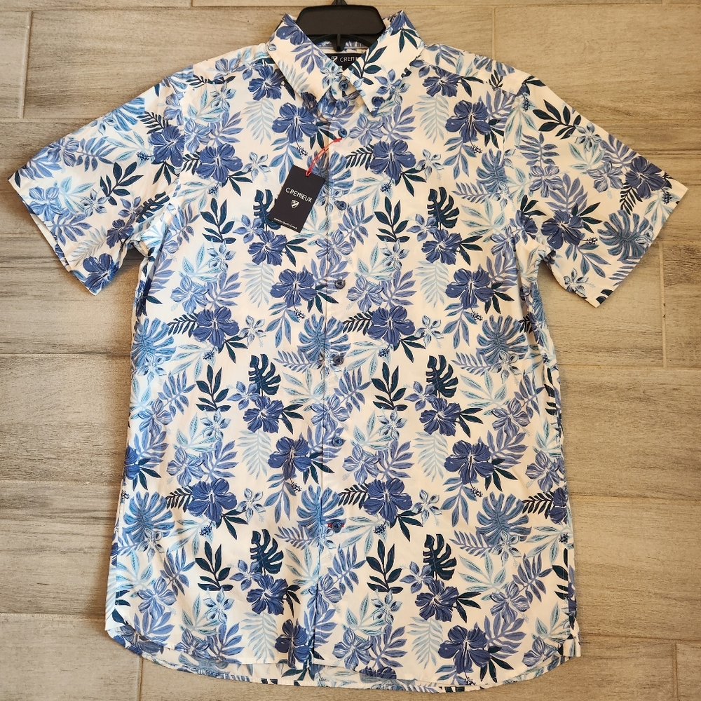 Cremieux camp shirt M blue white 100%cotton floral tropical short sleeve new$75